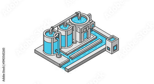 Isometric illustration of a modern water purification plant with multiple tanks and water flow