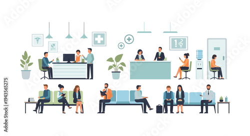 Diverse patients and staff are engaged in activities within a brightly lit, modern medical clinic waiting room with reception desks and seating.