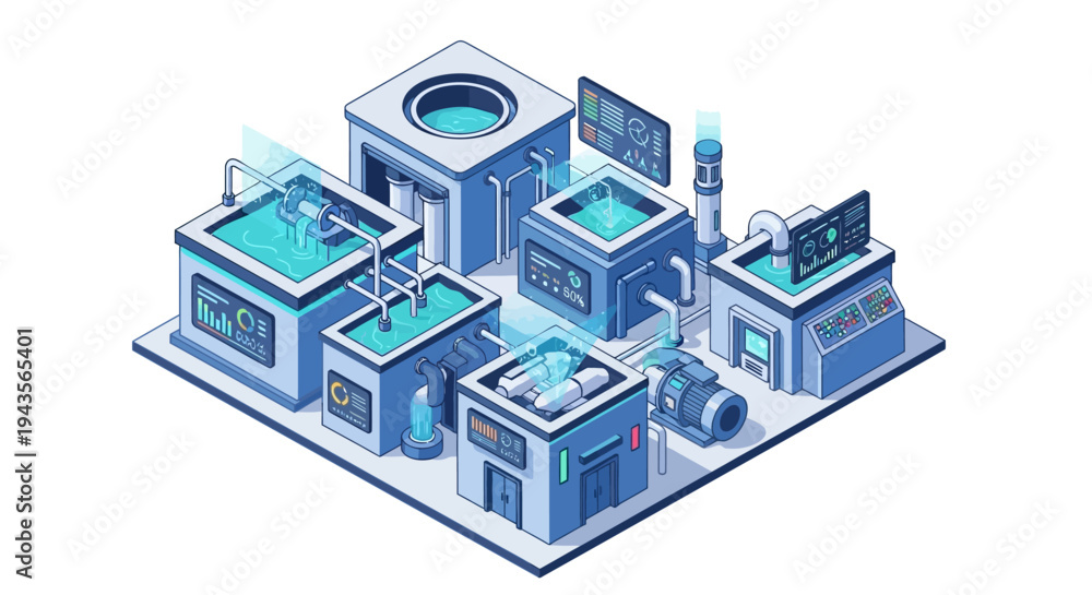 Obraz premium Isometric illustration of a high-tech laboratory complex with advanced scientific equipment and digital displays