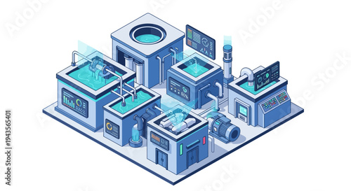 Isometric illustration of a high-tech laboratory complex with advanced scientific equipment and digital displays