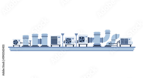 A comprehensive array of grey and blue HVAC units, including air conditioners and extensive ductwork, is systematically arranged on a rooftop structure.