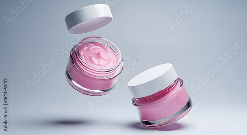 Three small glass jars of pink cream floating in mid-air with white lids, against a light blue background.