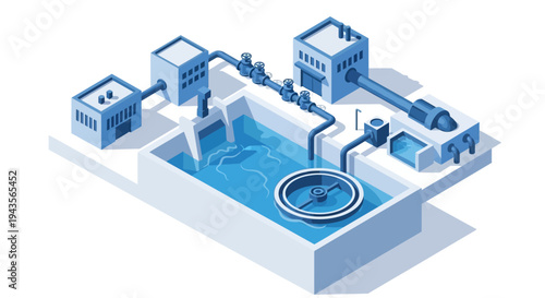 Industrial water treatment plant isometric illustration for environmental and resource management concepts