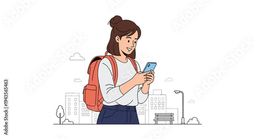 A smiling young woman with a red backpack is happily engaging with her smartphone in a minimalist urban outdoor setting.