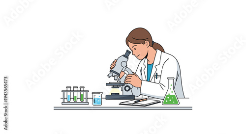 A dedicated female scientist in a pristine white lab coat is actively examining a sample using a microscope on a clean white laboratory table.