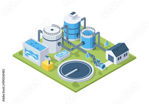 Isometric illustration of a water treatment plant with tanks, pipes, and a small building, showcasing industrial water purification processes