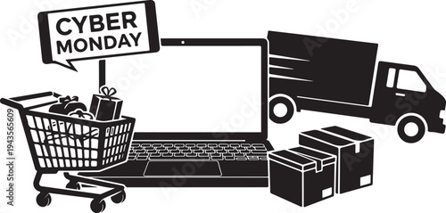 Cyber Monday shopping online with delivery truck and boxes