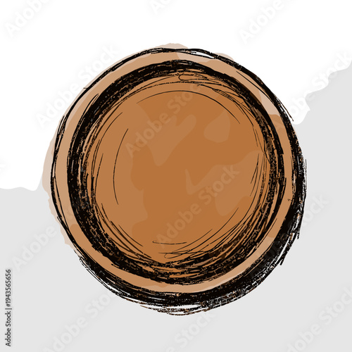 Abstract brown circle with sketchy black outline on textured paper