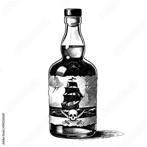Pirate rum bottle with ship and skull and crossbones label