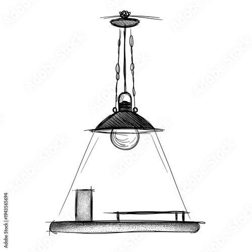 Pendant lamp with exposed bulb in a sketched style