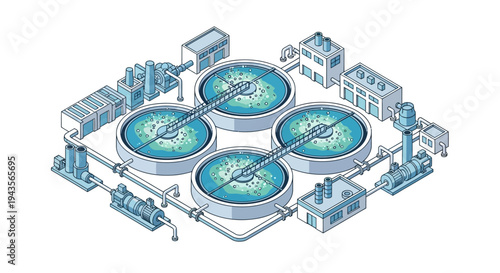 Illustration of a water treatment plant with multiple circular sedimentation tanks and industrial buildings