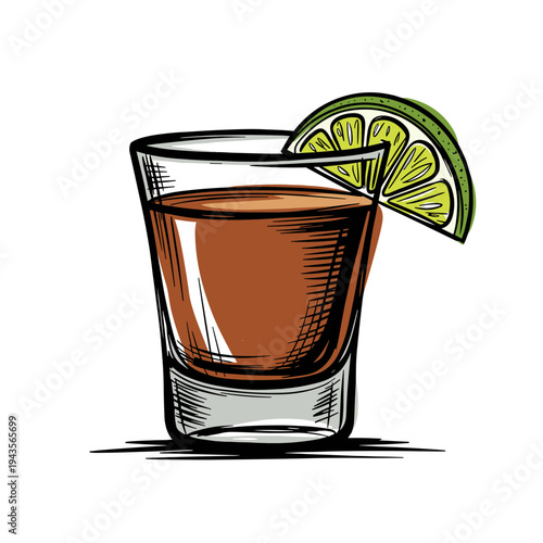 Tequila shot with lime slice in a glass