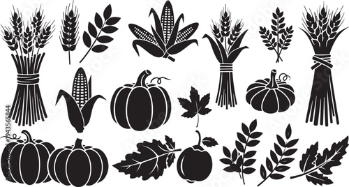 Black and white harvest icons with pumpkins and wheat