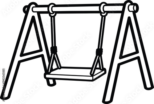 A simple black and white drawing of a child's swing set