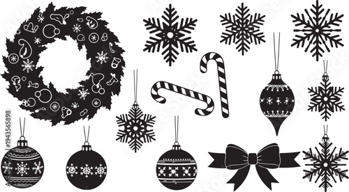 Black and white Christmas decorations and ornaments illustration set