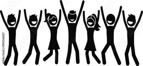 Seven joyful people celebrating with raised arms in unison