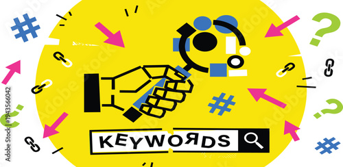 Digital marketing strategy concept with hand and magnifying glass searching keywords. Represents SEO, online data analysis, content discovery, and business growth