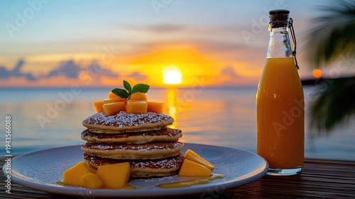 Stack of freshly prepared pancakes with tropical fruit accompanies a beverage against a vibrant ocean sunset backdrop