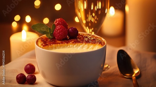 Rich custard dessert with caramelized top served with fresh berries beside glowing candlelight