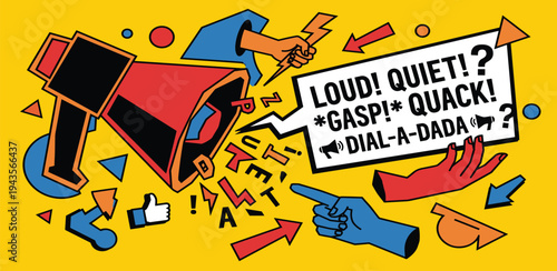 Dynamic illustration capturing the chaotic essence of modern communication, social media chatter, and the vibrant exchange of diverse ideas in a noisy digital world