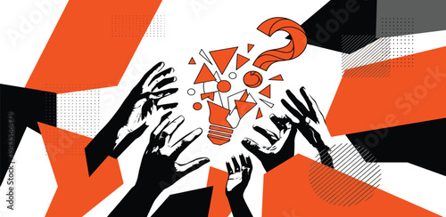 Illuminating the fractured concept of innovation, creativity, and problem-solving as hands reach for a shattered lightbulb in a stylized abstract design