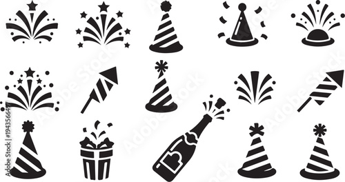 Black and white party icons and celebration symbols set