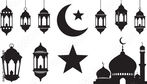 Ramadan Kareem Islamic Silhouette Decorations and Symbols Illustration Set