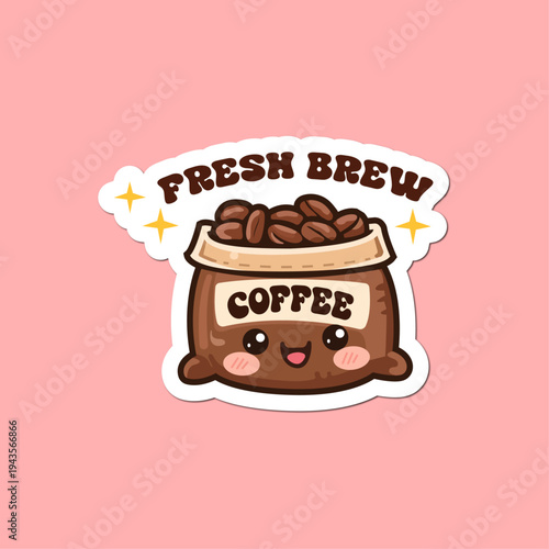 Isolated Cute burlap coffee bean bag character sticker with fresh brew text and stars
