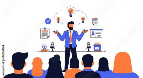 Business presentation and audience engagement with insightful ideas and effective communication strategies