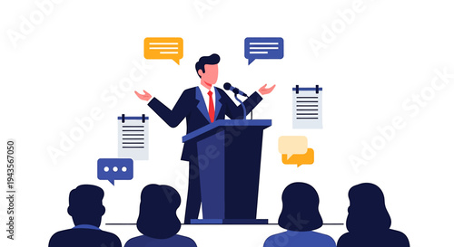 Dynamic Illustration of a Professional Public Speaker Engaged in a Conference Presentation, Addressing an Audience from a Podium, Emphasizing Communication and Business Dialogue