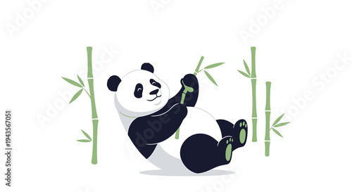 Charming illustration of a gentle panda resting comfortably among several vibrant green bamboo shoots, highlighting a calm and happy wildlife scene with a playful demeanor