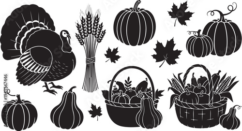 Thanksgiving harvest icons including turkey and pumpkins illustration set