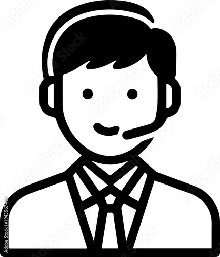Hand Drawn Male Customer Service Agent Black and White Avatar Illustration in Minimal Line Art Style Design