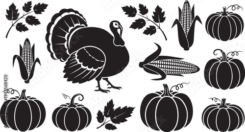 Thanksgiving icons including turkey, pumpkins, and corn on white