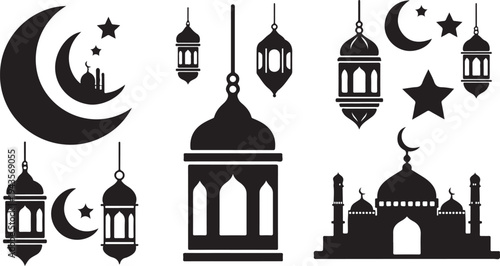 Islamic Ramadan Symbols and Mosque Silhouettes on White Background