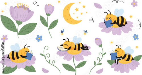 Cute Cartoon Bees Reading Books on Flowers at Night Vector Illustration Set with Moon, Stars, Floral Plants, and Whimsical Nature Garden Scene
