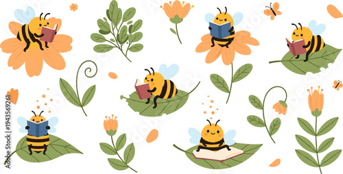 Cute Cartoon Bees Reading Books on Leaves and Flowers Vector Illustration Set with Garden Plants, Butterflies, and Whimsical Nature Learning Scene