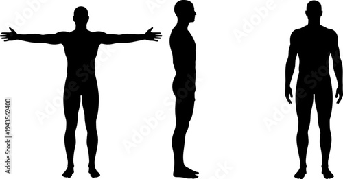 Male human body silhouette set, front side back view anatomy figure isolated on white background illustration reference