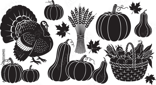 Thanksgiving harvest illustration with turkey and autumn vegetables