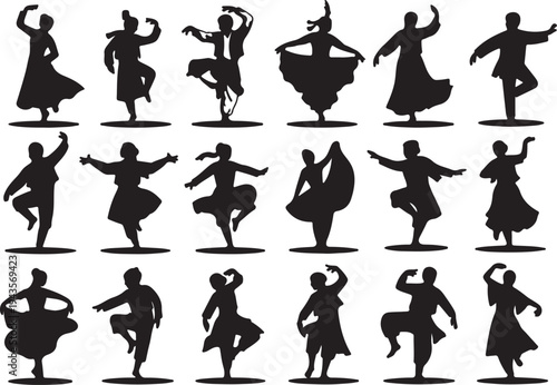 Vector Silhouette Collection of Traditional Folk Dancers, Ethnic Performance Poses, and Cultural Dance Groups
