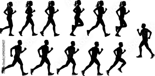 Running people silhouette set men women jogging vector illustration sport fitness athlete collection isolated design bundle