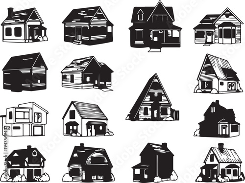 Vector Silhouette Collection of Residential Houses, Cottages, and Suburban Home Architecture in Various Styles