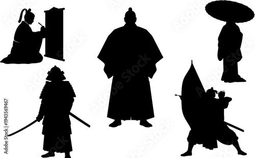 Samurai silhouettes collection, Japanese warrior ninja geisha archer vector illustration isolated black silhouette set bundle culture tradition
