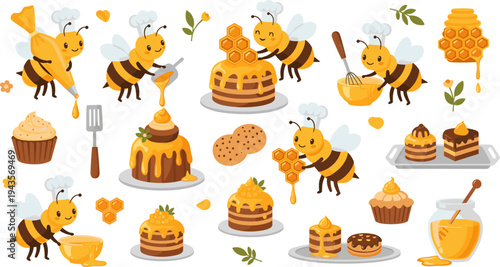 Cute Cartoon Bees Baking Honey Desserts Vector Illustration Set with Cakes, Cupcakes, Cookies, Honeycomb, Honey Jar, Kitchen Tools, and Sweet Bakery Elements