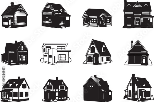 Vector Silhouette Collection of Residential Houses, Cottages, and Suburban Home Architecture in Various Styles