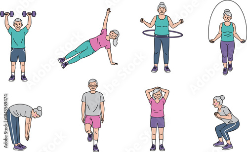Senior men and women doing fitness exercises set with dumbbells, stretching, jumping rope and squats, healthy active elderly lifestyle illustration