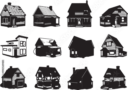 Vector Silhouette Collection of Residential Houses, Cottages, and Suburban Home Architecture in Various Styles