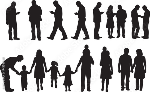 Vector Silhouette Collection of Families Holding Hands and Professionals Using Smartphones and Tablets in Various Poses
