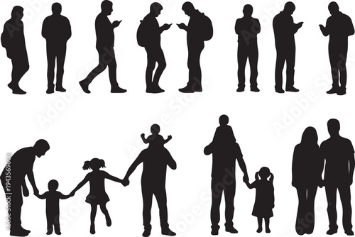 Vector Silhouette Collection of Families Holding Hands and Professionals Using Smartphones and Tablets in Various Poses
