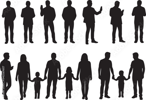 Vector Silhouette Collection of Families Holding Hands and Professionals Using Smartphones and Tablets in Various Poses
